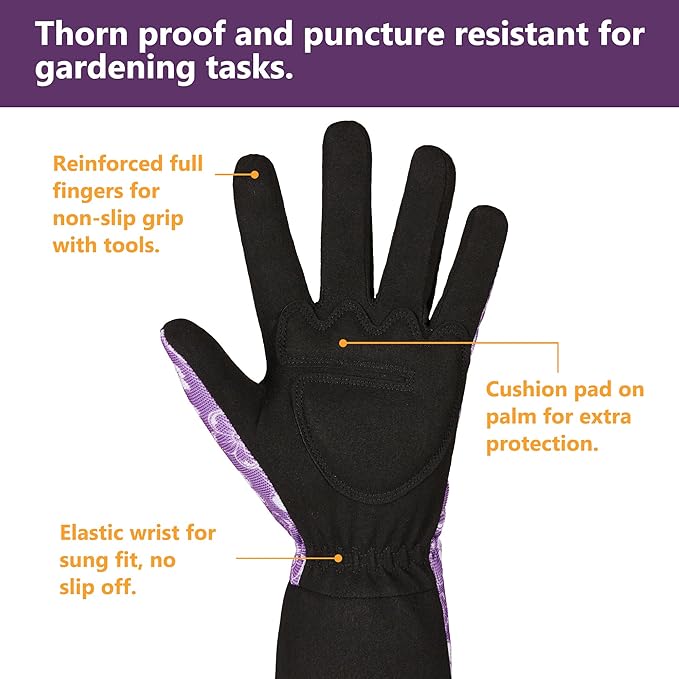 COOLJOB Thorn Proof Rose Pruning Garden Gloves for Women, Long Sleeve Padded Yard Work for Bush, Blackberry, Cactus, Heavy Duty/Puncture Resistant/Machine Washable, Large, Purple