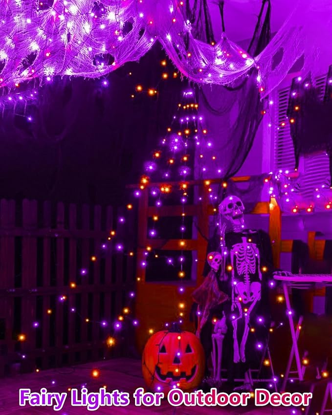 4 Pack 60LED Orange & Purple Fairy Lights Battery Operated with Timer, 20FT Waterproof Christmas Lights Outdoor Indoor, Black Wire String Lights for Bedroom, Party, Centerpiece, Christmas Decorations