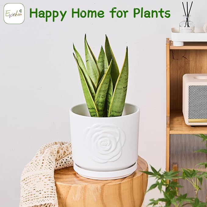 Ekirlin 7 inch Flower Plant Pot Indoor - Ceramic Garden Planters, Modern Rose Pattern Plant Pots with Drain Hole Saucer, Weatherproof Decorative Pot for Home, Office & Outdoor (White)