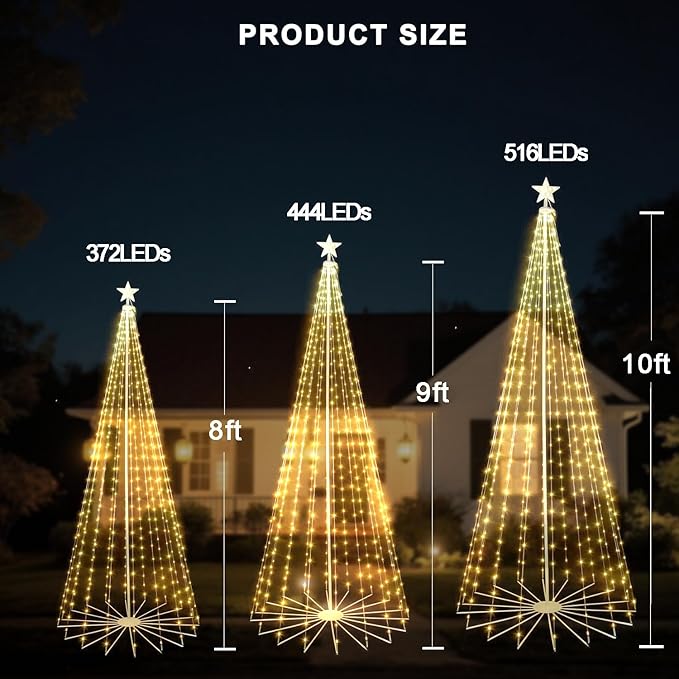 8FT 372LEDS Outdoor Christmas Tree Lights, Smart Cone Tall Pop Up with Star, Timer, Waterproof, APP & Remote, Music Sync, Multicolor/WarmWhite, Outside Xmas Yard Porch Decor