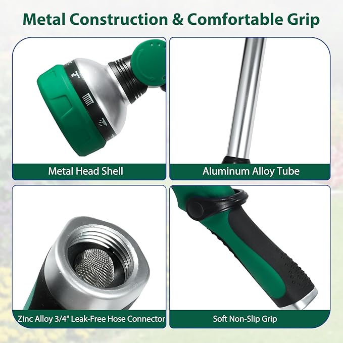 Watering Wand for Garden Hose, 30 Inch, 10 Spray Patterns, Thumb Control Garden Hose Nozzle, Adjustable Water Sprayer with Pivoting Head, Ideal for Hanging Baskets, Plants, and Shrubs, Green