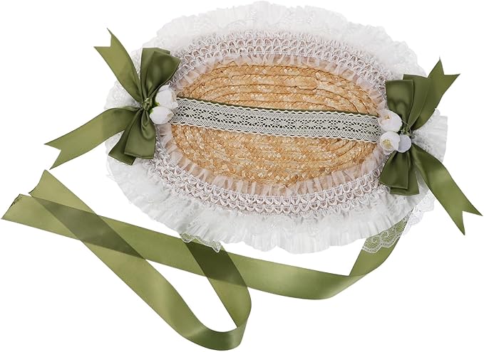 Vintage Lolita Straw Sun Hat with Adjustable Bowknot Ribbon Lightweight Breathable Bonnet for Women Elegant Victorian Cottagecore Accessory for Garden Parties Beach Sun Protection Green