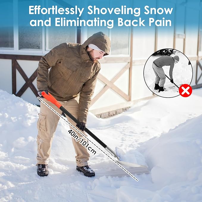 Aluminum Snow Shovel for Driveway – 40" Long Square Shovel with D Handle, Large Capacity Flat Shovel, Portable Snow Removal Tool for Home Garage Garden Camping Emergency, Orange