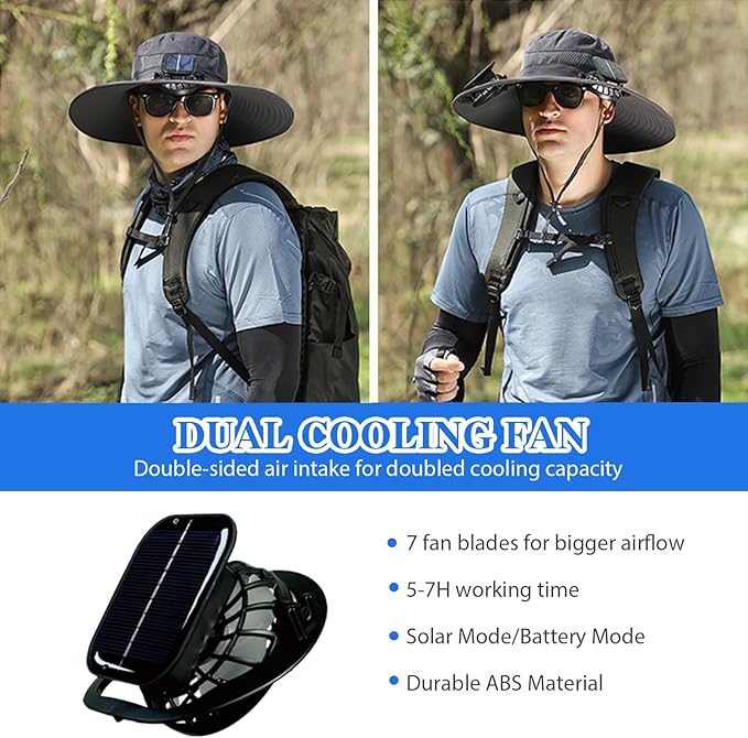 Solar Fan Hat, Wide Brim Sun Hat with 2 Solar Fan, Hat with Solar Fans Built in, Fishing Hat with Fan for Men, Waterproof Outdoor Hiking Camping Fishing Hat Grey