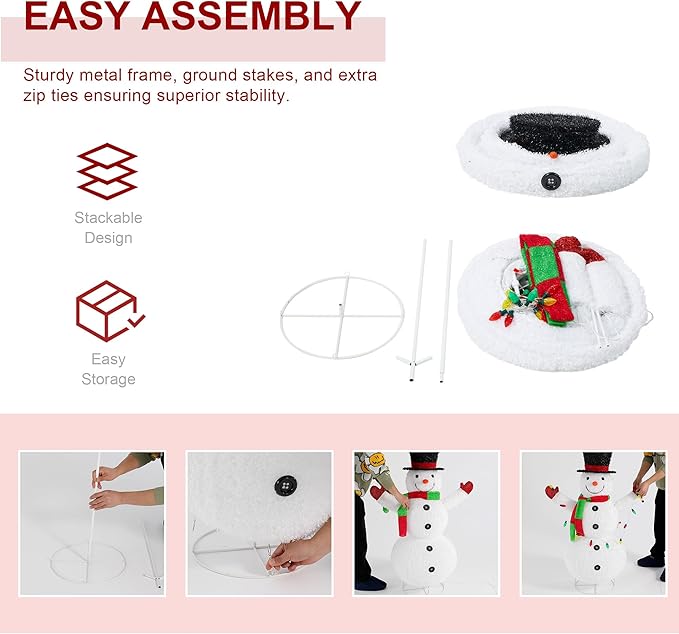 Glitzhome 4FT Lighted Christmas Snowman, 3D Foldable Fabric Outdoor Snowman Decor with Colorful Bulbs Holiday Lawn Ornament Yard Decoration Outdoor and Indoor use Long-Lasting, 160 Warm White LED