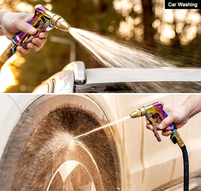 ESOW Heavy Duty Metal Garden Hose Nozzle, High Pressure Water Hose Nozzle with 4 Spray Patterns Rotating, Ideal for Outdoor Lawn & Garden Watering, Car & Pet Washing, Rainbow