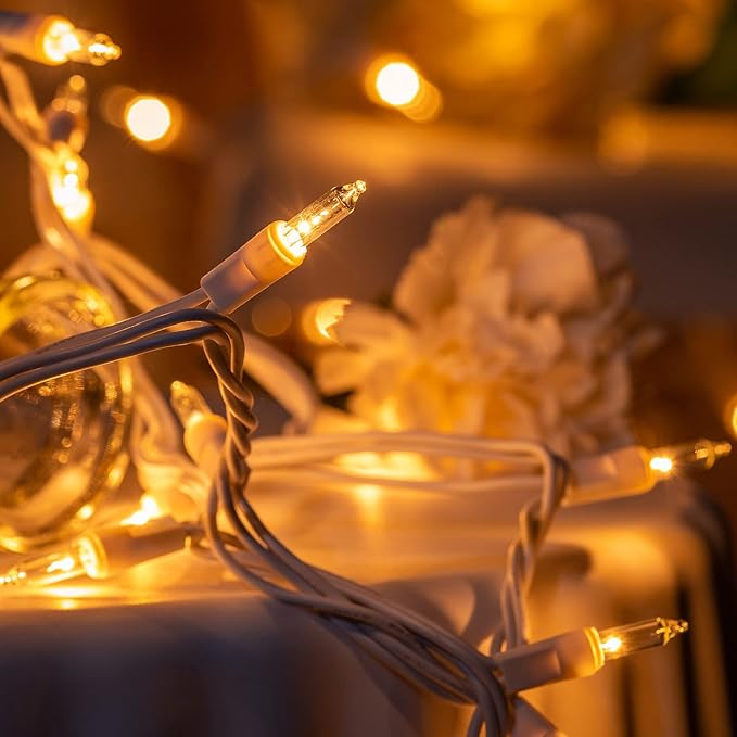 YULETIME 200 Clear Christmas Lights with White Wire, Pack of 2 Strands of 21 ft 100 Count UL Certified Incandescent Mini String Light (Clear - White Wire)