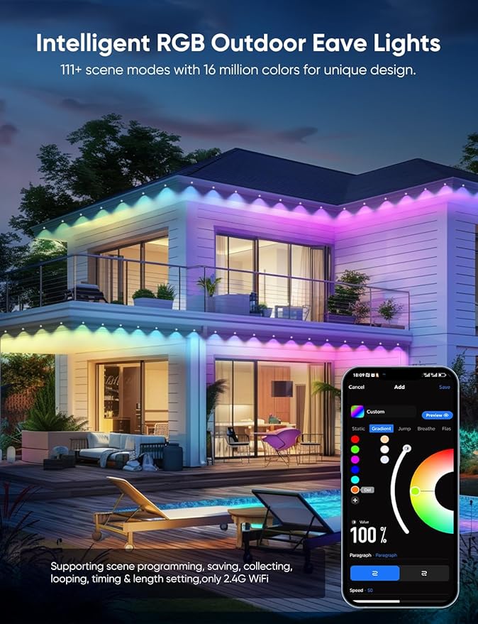 Permanent Outdoor Lights 50ft,RGBW Eaves Light with 36 LED Lights,111+ Scenes Modes Outdoor Lighting, Waterproof Permanent Light for Daily Holiday Halloween Decorations, Compatible with Alexa,Black