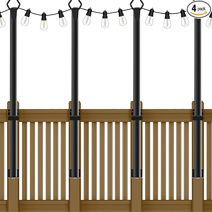 4-Pack 5 Ft String Light Poles, String Light Poles for Outside with Fixing Clips,Hanging Light Poles for Deck Fence Garden Backyard Wall Bistro,Metal Poles for Outdoor String Lights