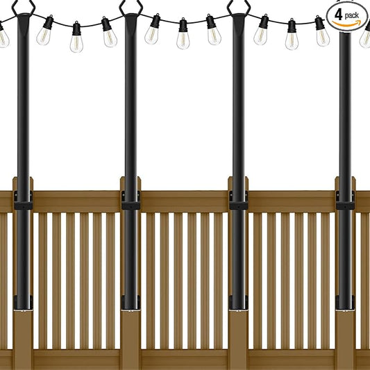 4-Pack 5 Ft String Light Poles, String Light Poles for Outside with Fixing Clips,Hanging Light Poles for Deck Fence Garden Backyard Wall Bistro,Metal Poles for Outdoor String Lights