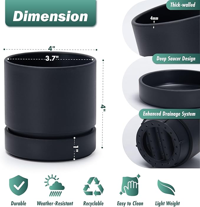 Phoenix Vine 4 Inch Planter Pot with Drainage Hole & Saucer, Deep Water Catch Tray, Straight Cylindrical Round Pot for Plants, Matte Black, Pack of 2, 23-C-R-2