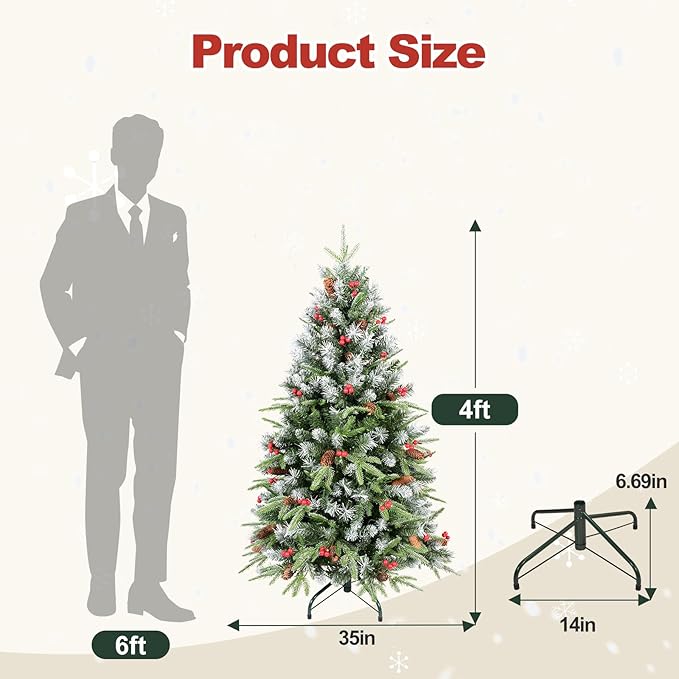 4 Ft Artificial Christmas Tree Pre-Decorated with Snow Flocked PVC&PE Tips, Pine Cones, Red Berries, Unlit Xmas Tree with Metal Stand for Hoilday Office Outdoor Christmas Decoration(Green White)
