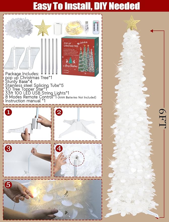 HMASYO 6 FT Pop Up Christmas Tree with 100 LED Lights & Remote, White Christmas Tinsel Tree, Collapsible Artificial Pencil Tree for Home Office Party Decor, USB Powered Timer Lights, Easy Assembly