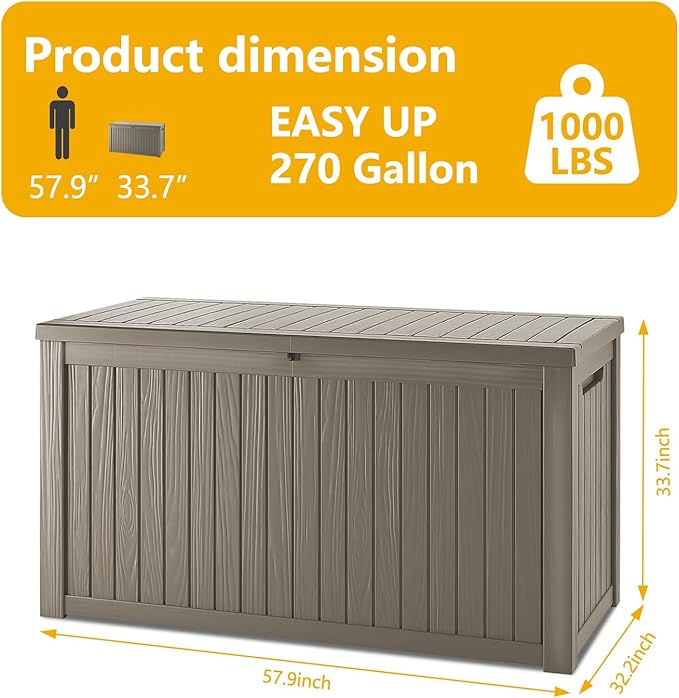 270 Gallon Deck Box, Resin Outdoor Indoor Waterproof Storage Box, Lockable Storage Box With Handle for Patio Furniture - Garden Tools - Swimming Pool Tools UV-Resistant, Brown