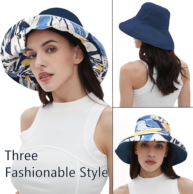 vidsel Womens Sun Hats Wide Brim Reversible Bucket Cotton Hat Packable Summer Travel Cap with Hat Clip,UV Protection