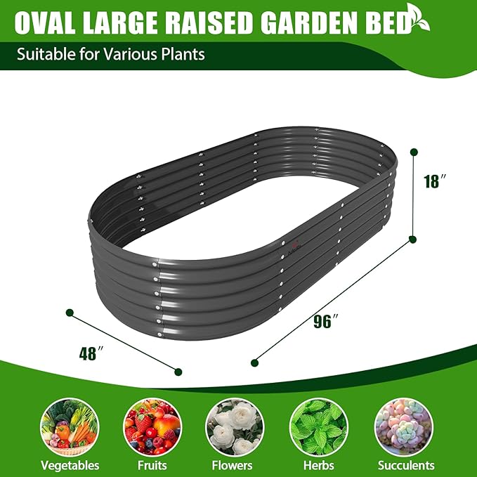 A ANLEOLIFE 4 Pcs 8X4X1.5 ft Oval Large Galvanized Raised Garden Beds Outdoor for Planting Vegetables Flowers Herb, Quartz Grey