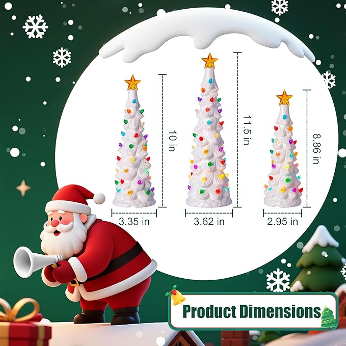 Brightown Lighted Ceramic Christmas Tree Set of 3, Pre-Lit Hand-Painted Tabletop Christmas Tree with Multicolored LED Lights, Battery Operated Vintage Ceramic Tree for Home Table Holiday Decor, White