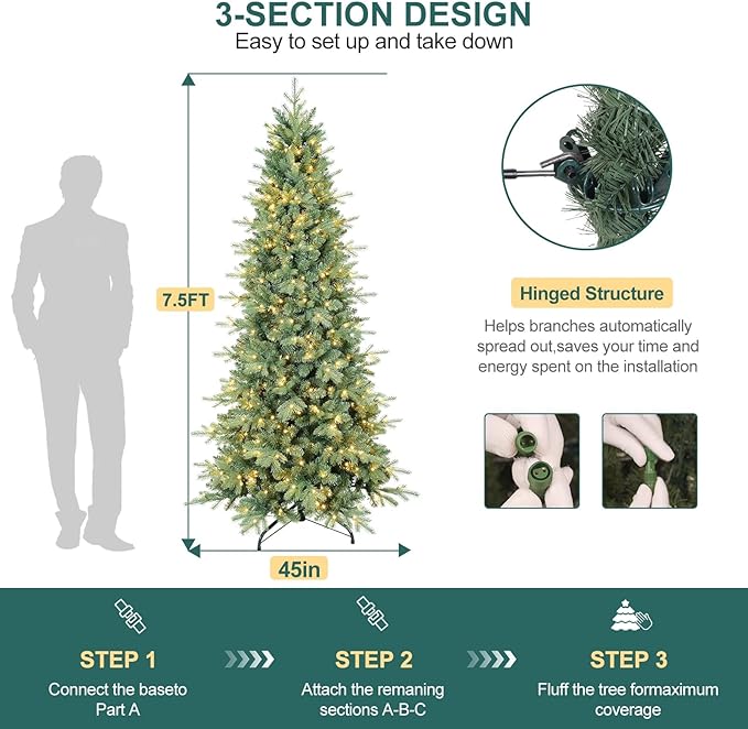 7.5 FT Prelit Artificial Skinny Christmas Tree,Blue Spruce Slim Pencil Xmas Tree with 1755 PE&PVC Mixed Branch Tips,450 UL Listed Clear Lights,Hinged Pine Tree with Metal Stand for Home Office Décor