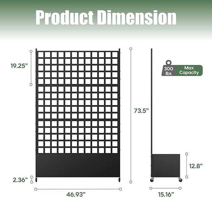 Metal Planter Box with Trellis Privacy Screen, Raised Garden Bed with Lattice Trellis & Wheels, Privacy Planters for Patio, Planter Box for Climbing Plants, Flower, 73"x 47"x 16", Black