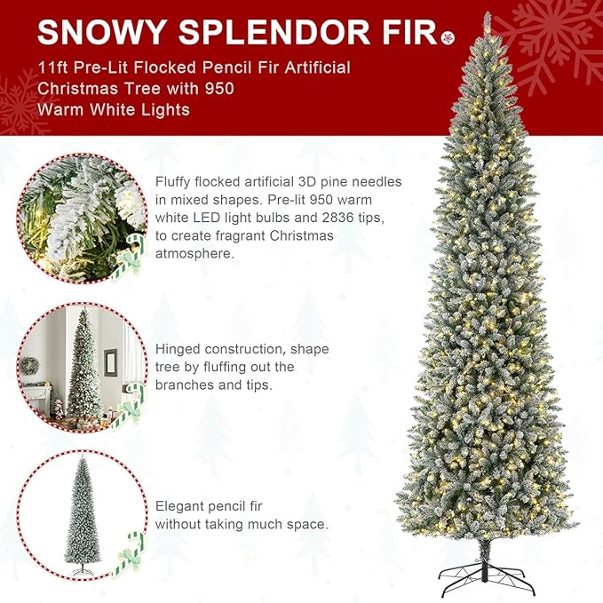 Glitzhome 11ft Pre-Lit Artificial Christmas Tree, Snowy Splendor Fir Hinged Pencil Christmas Tree Holiday Decoration with 950 Warm White Lights and Foldable Metal Stand, Easy Assembly