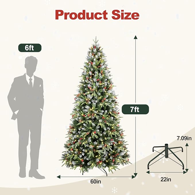 7Ft Pre-Lit Artificial Christmas Tree Fully Pre-Decorated with 2178 Flocked Frosted Tips, 75 Berries, 75 Pine Cones, 450 Lights, Realistic Xmas Tree with Metal Hinges& Floded Stand