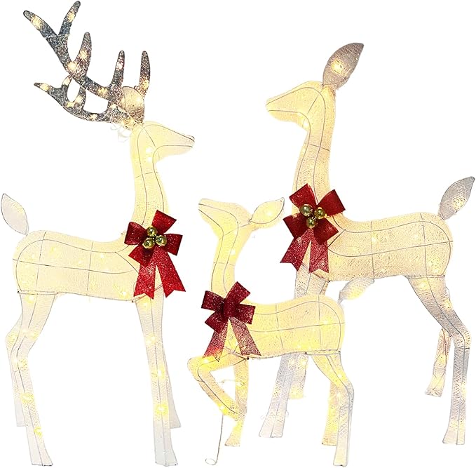 Lighted Reindeer Christmas Outdoor Yard Decorations, 4ft 3-Piece Reindeer Family Set with 240 LEDs, Ground Stakes, Durable Weatherproof Metal Frame for Home, Garden, Indoor Holiday Decor, White