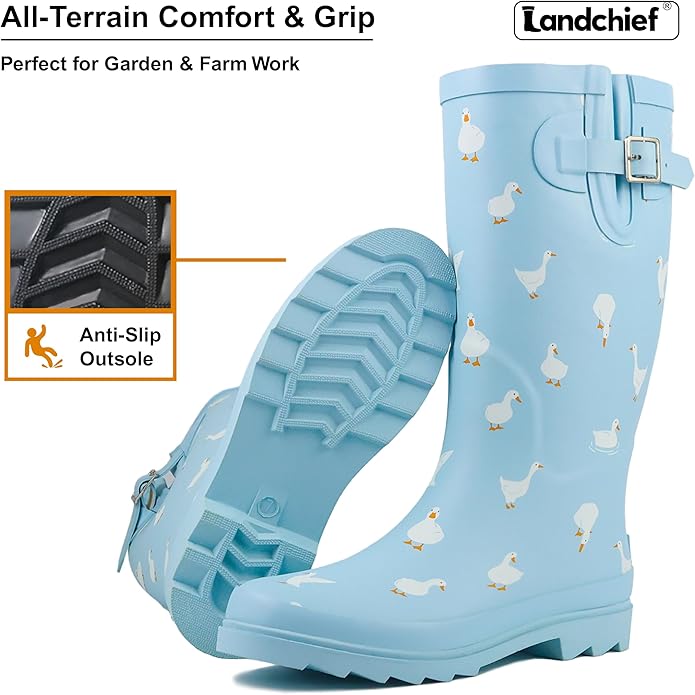 landchief Rain Boots for Women, Waterproof Ladies Tall Knee High Rubber boots,Comfort Garden Boots Anti-Slip Mid Heel Women Rain Shoes Outdoor