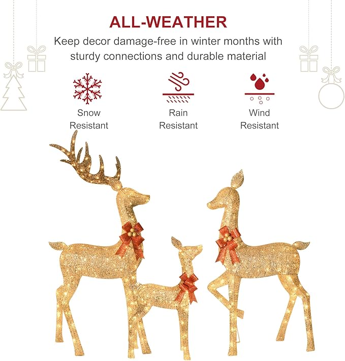 HOYECHI 6.5 FT Oversized Christmas Decorations Outdoor Lighted Reindeer – 3-Piece 3D Deer Family Set with 340 Warm White LED Lights for Yard, Lawn, Garden & Porch Holiday Display - Gold