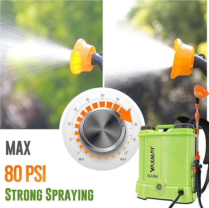 Battery Powered Backpack Sprayer 3.2 Gallon, VAXMAY 80 PSI Electric Graden Sprayer Works with Makita 18V Battery, Weed Lawn Sprayer with Telescopic Wand, 5 Nozzles, 2.0 Ah Battery & Charger Included