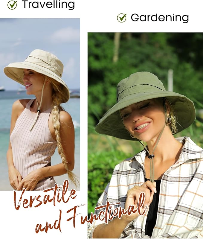 Sun Hats for Women Gardening Hat Wide Brim Ponytail Beach Sun Protection Breathable Cotton Summer Hat with Fold-Up Brim