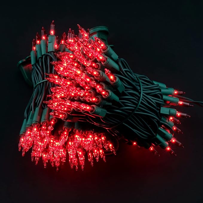 YULETIME 200 Red Christmas Lights, Pack of 2 Strands of 21 ft 100 Count UL Certified Incandescent Mini String Light (Red - Green Wire)