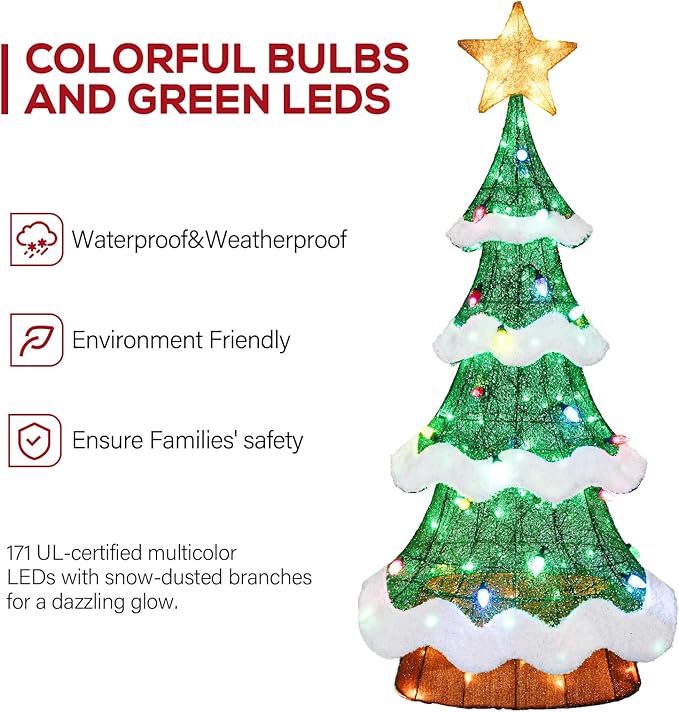 Hykolity 5 ft. Christmas Tree with Star Topper, Metal Frame Outdoor Decor, Multi-Color Bulbs + Green LEDs, Lighted Holiday Displays