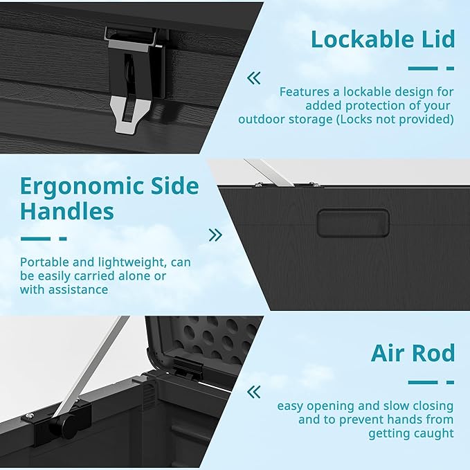 HUGROVE Resin Deck Box, 130 Gallon Outdoor Storage Box with Lockable Lid, Waterproof Patio Storage for Garden Tools & Outdoor Accessories (Dark Black)