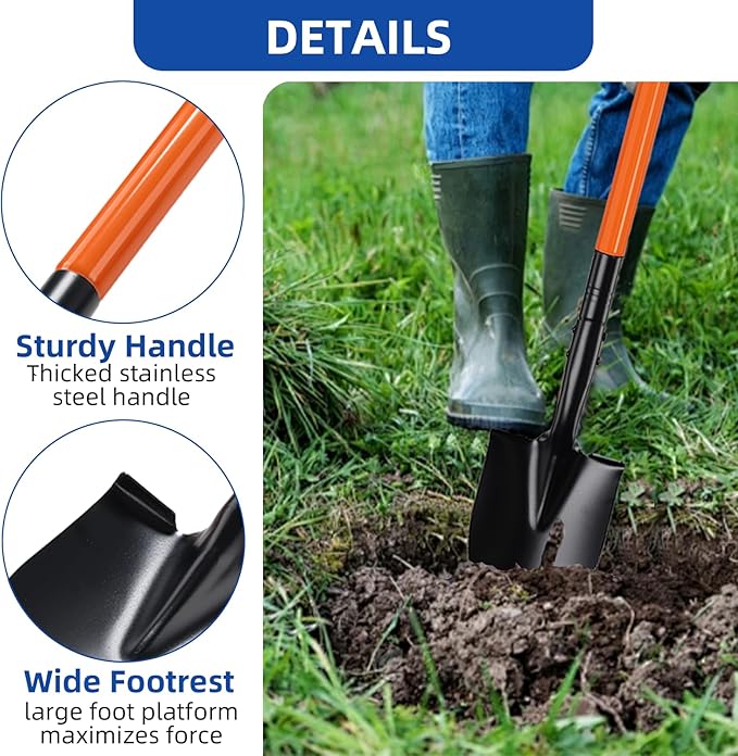 Small Shovel for Digging with Metal Handle, 43.7 Inch Heavy Duty Garden Shovel, Trench Shovels Ideal for Digging Gardening Trenching Planting Camping Transferring Scooping, Orange