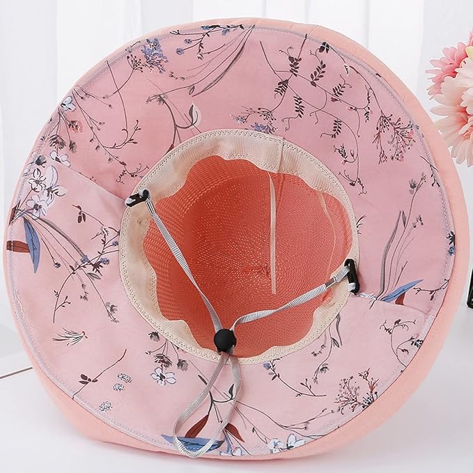 Women Wide Brim Sun Hats Metal Wired Edge Summer UV Protection Beach Fishing Hat for Hiking Garden Travel Chin Strap