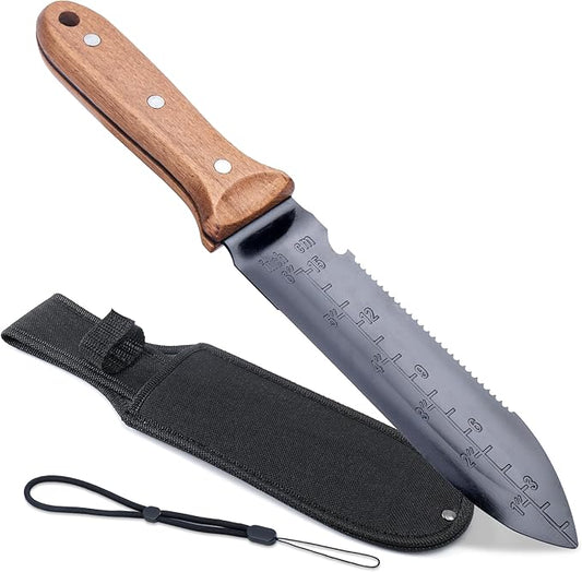 WILLKOMMEN Hori Hori Garden Knife- Garden Tools with Rugged Oxford Cloth Sheath, 7" Stainless Steel Blade for Digging, Weeding & Planting Full Tang Beechwood Handle (Pointed Tip)