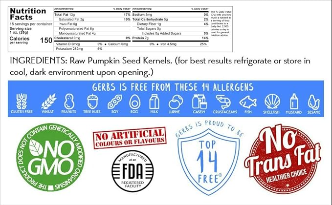 Gerbs Raw Pumpkin Seed Kernels 1 lb. | North American Grown, No Additives, Resealable Bag | Mild & Crunchy Texture | Top 14 Allergen-Free