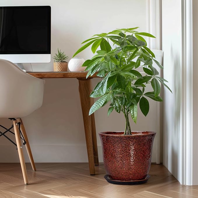 Ceramic Pots for Plants - 12 Inch Plant Pot for Indoor Outdoor, Round Planter with Drainage Hole and Saucer, Large Decorative Planters, Modern Flower Pot, Office Decor, Garden Gifts, Red