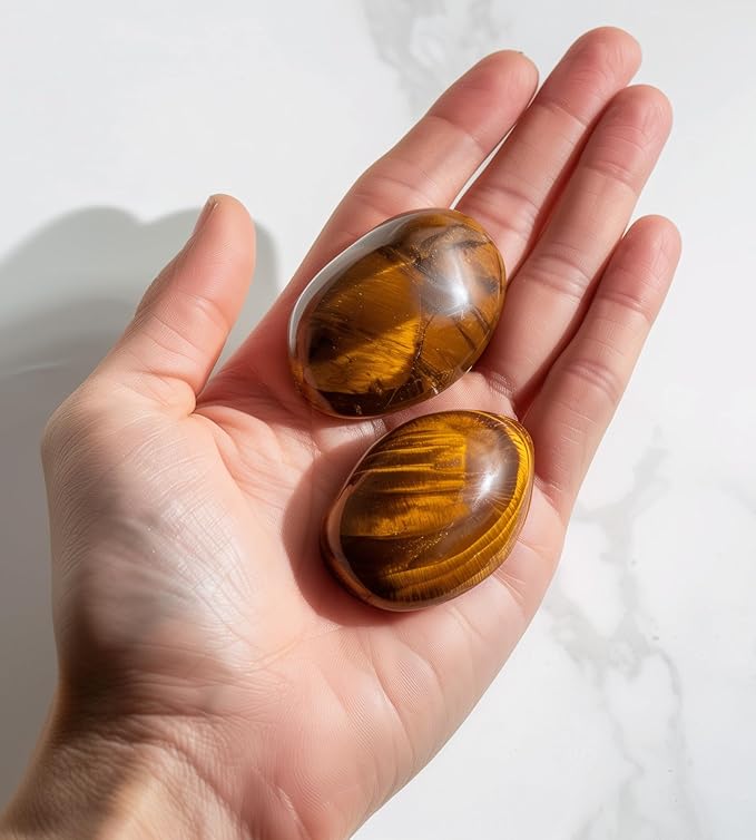 Polished Tigers Eye Crystal Stones - 2 Pcs of 1.2" Worry Stone for Anxiety, Pocket Palm Stone Super Large Handpicked Natural Tumbled Gemstones for Meditation, Reiki, Chakra Healing, Home Decor