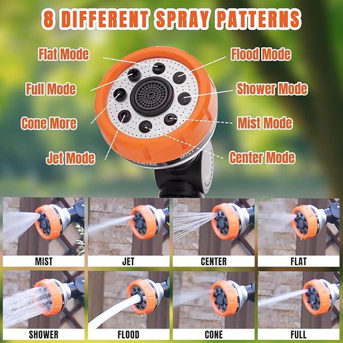 Metal Garden Hose Wand,15 Inch Adjustable Watering Wand with 8 Spray Patterns,180° Rotating Long Garden Hose Nozzle Sprayer with Thumb Flow Control for Plants, Lawn, Car Washing and Irrigation