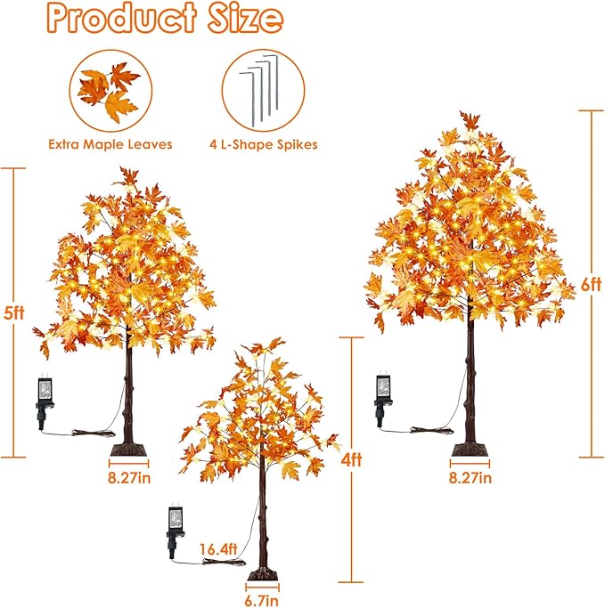 Set of 3 Pre-lit Artificial Lighted Maple Tree with Timer, 4FT 5FT and 6FT 300 LED Warm White Light up Fall Decor for Indoor Outdoor Thanksgiving Day Halloween Home Porch Party Decoration, Orange