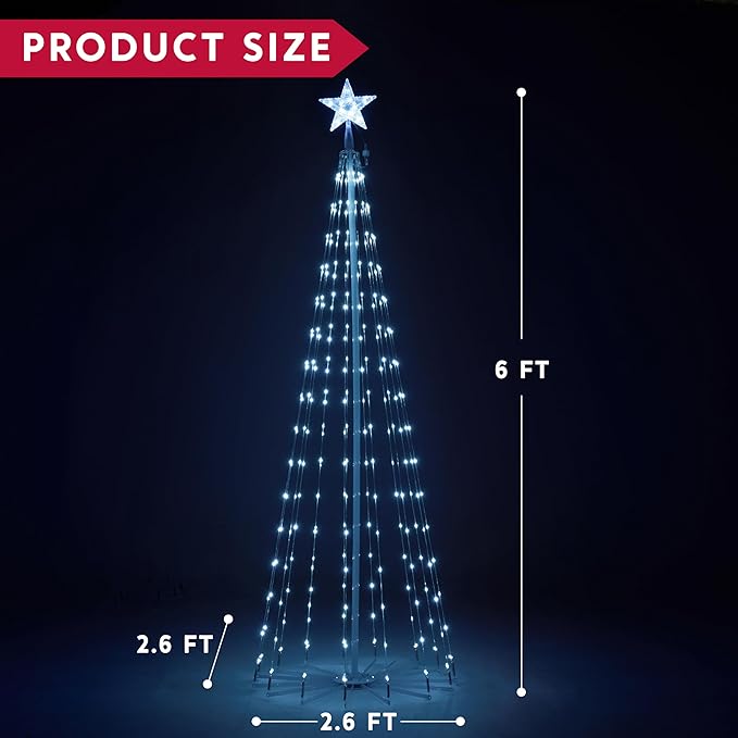 JOIEDOMI LED Christmas Cone Tree Lights, 6FT Outdoor Lighted Tree with 8 Lighting Modes & Star Topper, Christmas Decorations for Yard Porch Patio Garden Holiday Decor, Cool White