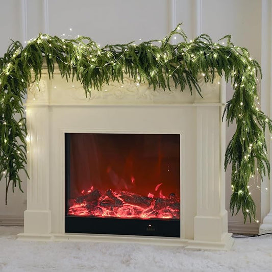 MISSPIN 14ft Christmas Garland with Lights, Real Touch Norfolk Pine Garland, Green Artificial Greenery Garland for Table, Mantle, Wall, Indoor, Outdoor Christmas Decorations