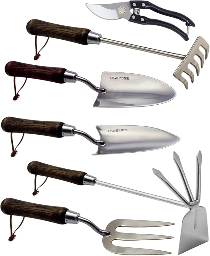 Garden Tool Set, 6PCS Heavy Duty Stainless Steel Gardening Hand Tools with Ropes, Including Trowel, Transplanter, 2-in-1 Hoe, Hand Fork, Hand Rake and Pruner, Ideal Gardening Gift for Man and Woman