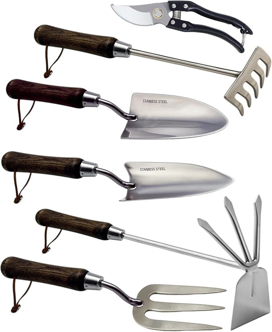 Garden Tool Set, 6PCS Heavy Duty Stainless Steel Gardening Hand Tools with Ropes, Including Trowel, Transplanter, 2-in-1 Hoe, Hand Fork, Hand Rake and Pruner, Ideal Gardening Gift for Man and Woman