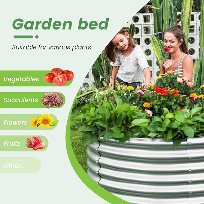 Land Guard 2×2×2ft Galvanized Raised Garden Bed Kit, Round Galvanized Planter Raised Garden Boxes Outdoor, Large Metal Raised Garden Beds for Vegetables, Silver