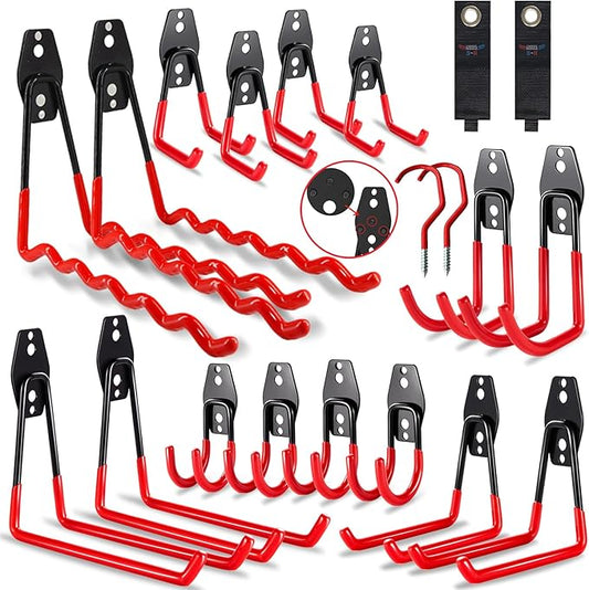 3-H Garage Wall Hooks 20 Pack, Garage Hooks Heavy Duty with Extra Welding Spots, Garage Organizer for Garden, Lawn, Chairs, Ladders, WeedEater, Shovel (Red)