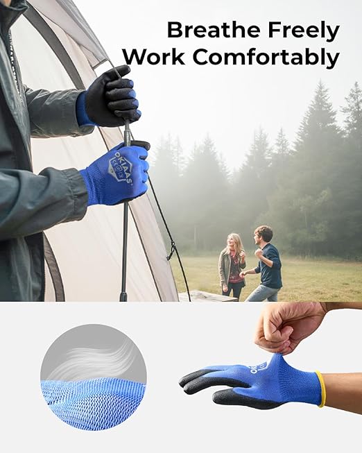 OKIAAS Work Gloves for Men，Ultra Thin and Lightweight Working Gloves with Grip, 12 Pairs Bulk Pack Construction Gloves with Polyurethane Coating, Safety Gloves for Light Duty Work (Blue, X-Large)