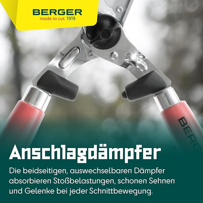 BERGER Professional Hedge Shear, Self-Sharpening 9.45" Steel Blades, Chrome-Plated Wavy Blades, 2 Sap Grooves to Prevent Sticking, Wood Handles, 4590