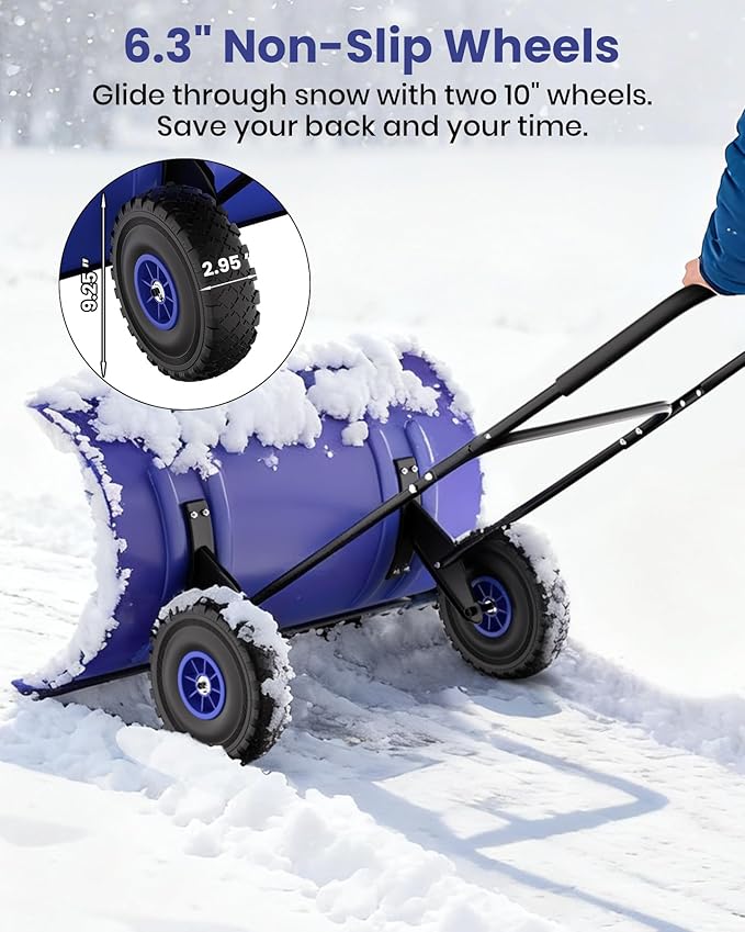 36" Snow Pusher Shovel with Wheels, Adjustable Ergonomic U-Handle Snow Plow for Driveway, Heavy Duty Wheeled Rolling Shovels for Driveway and Sidewalks with Angeled Blade